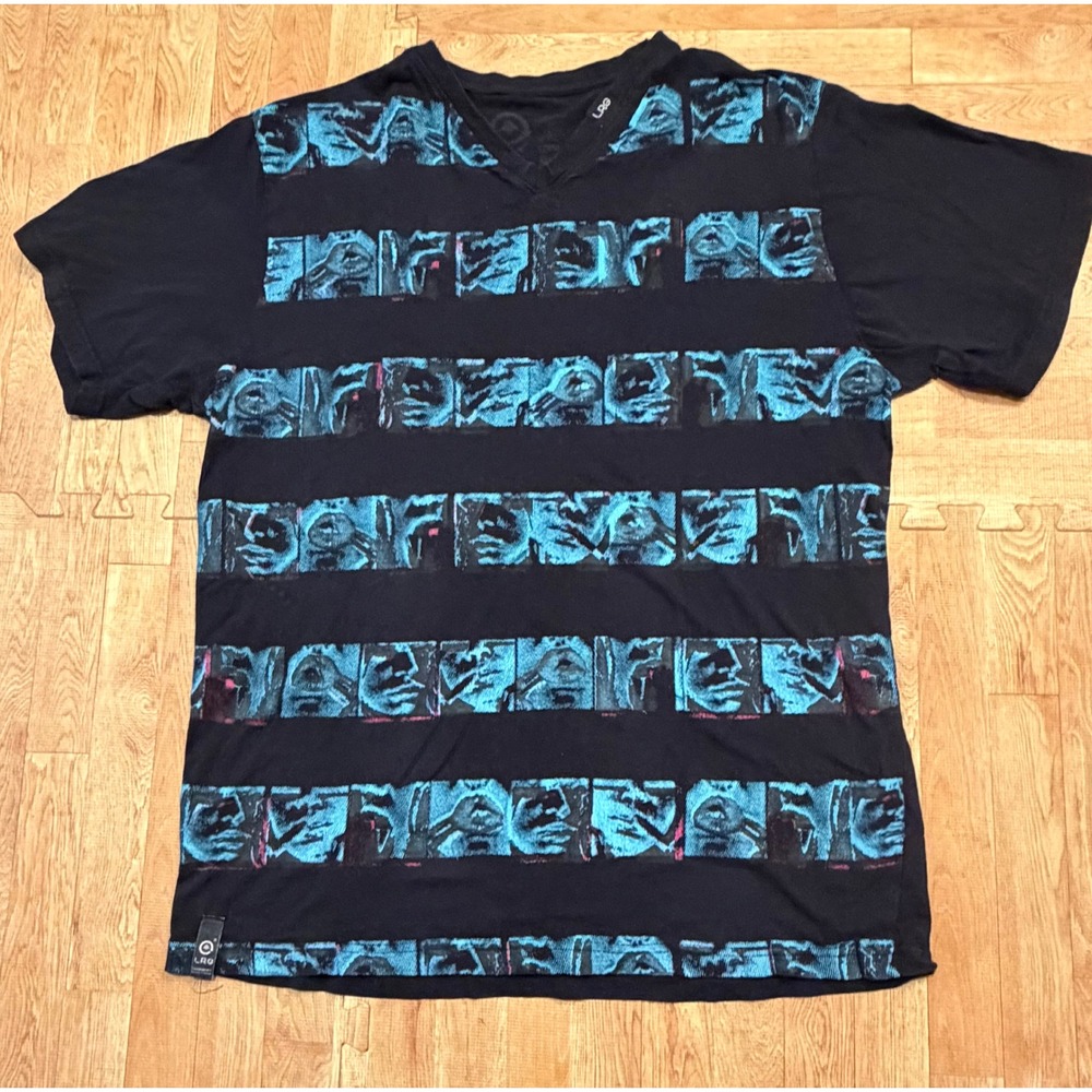 LRG Repeat Business Collection V-Neck Graphic T-Shirt Black Blue Y2K 2009 Mens
